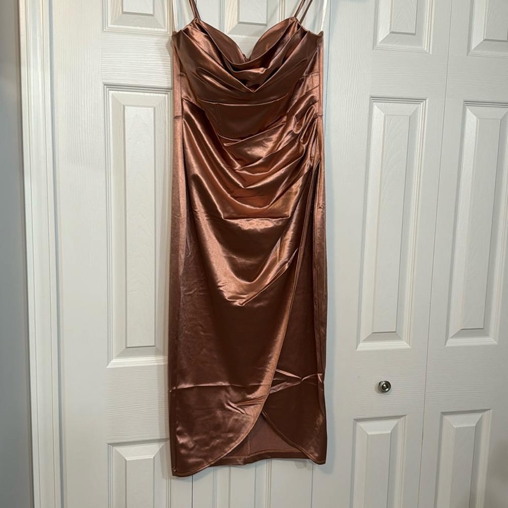 Satin midi dress. Great for wedding guests or date night